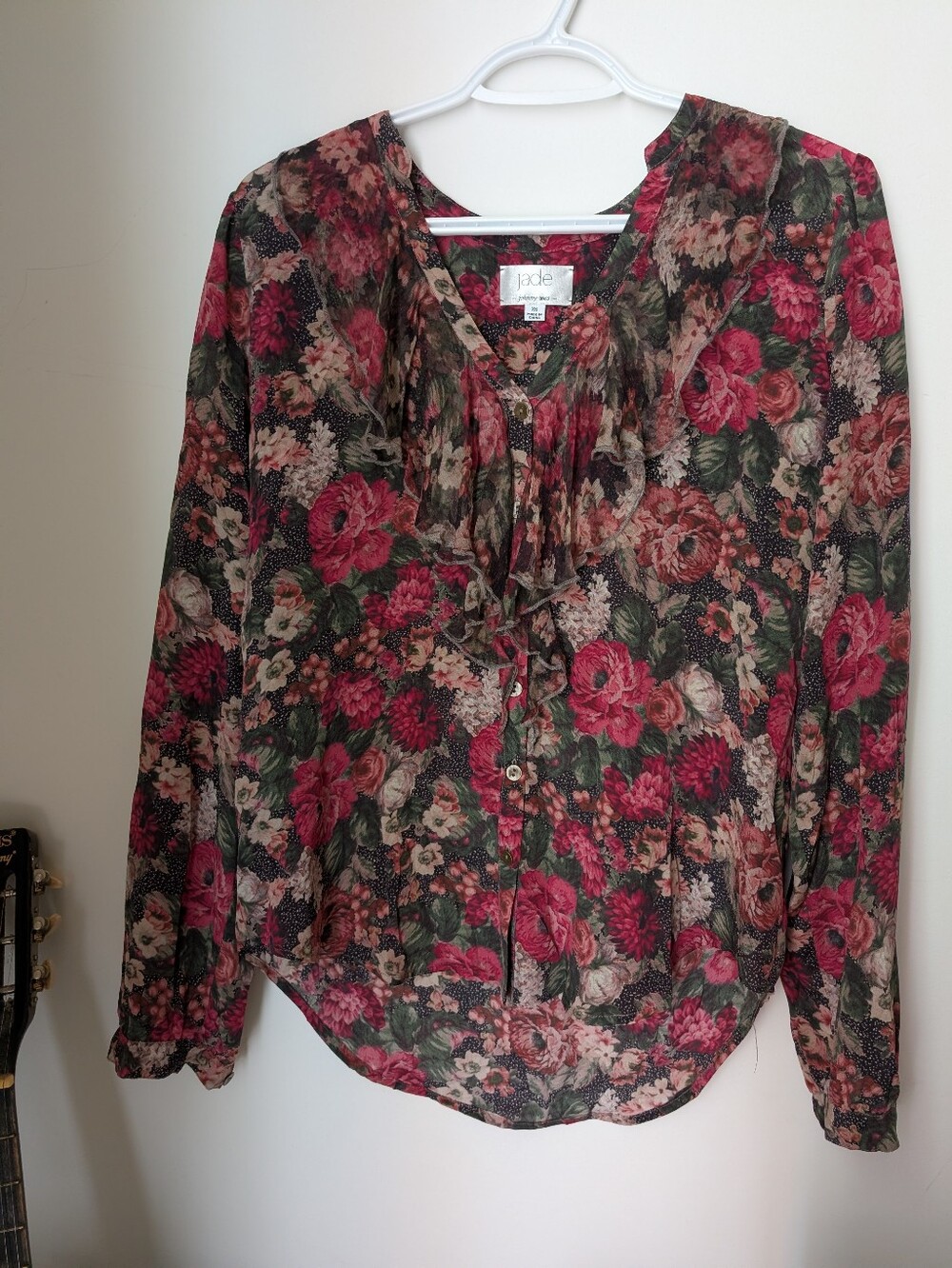 Johnny Was 100% Silk, Floral Blouse, Ruffled Neckline, Size XS (Fits S/M)